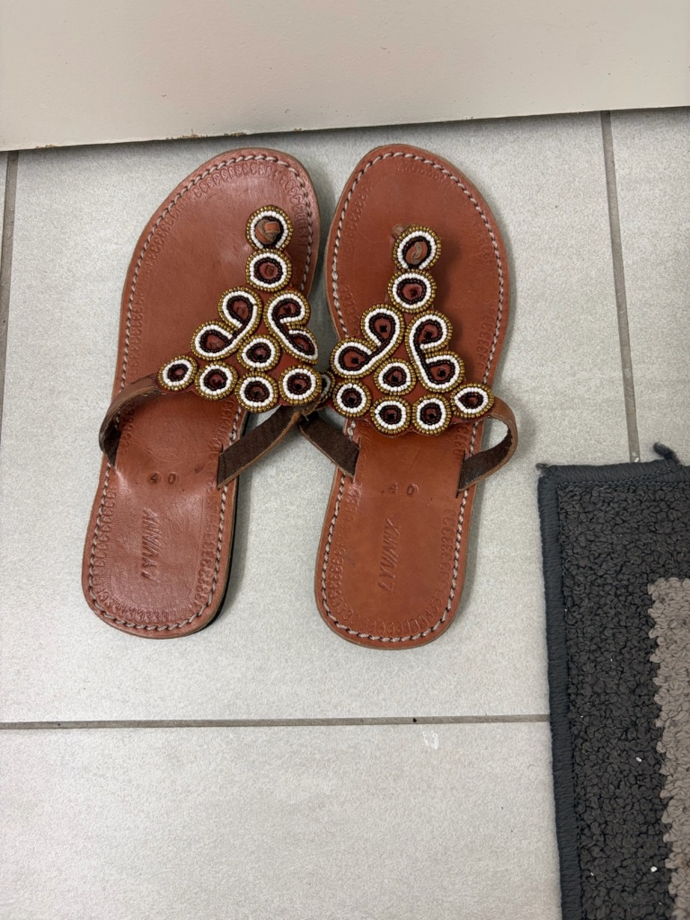 Brown Beaded Leather Women's Thong Sandals